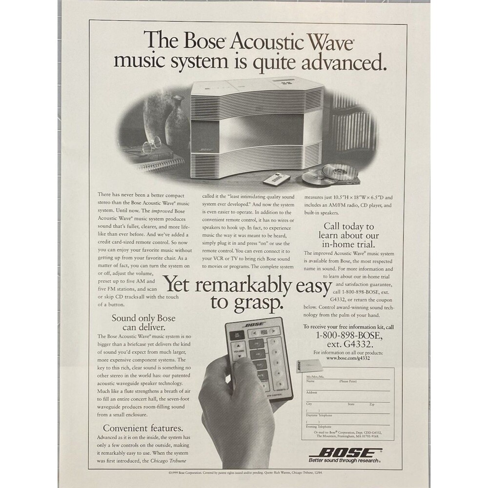 BOSE Acoustic Wave Music System "Quite Advanced" Vintage Print Ad 1999